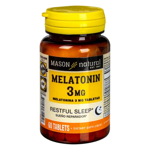 Mason Natural Melatonina 3 mg con B6 y calcio - Ayuda natural para dormir, apoya un sueño saludable y descanso, 60 tabletas