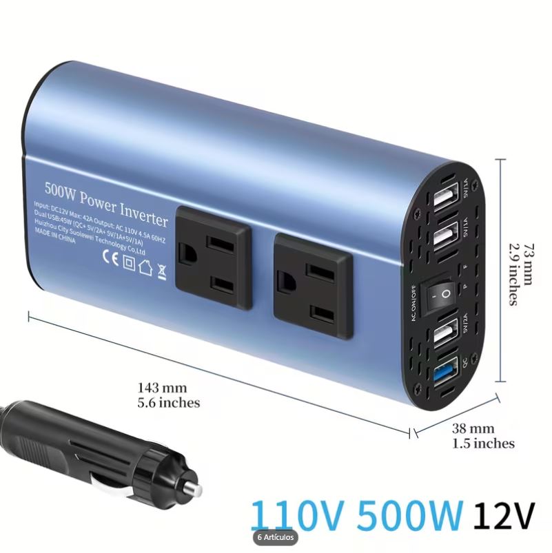 Inversor De Voltaje Para Auto 500w Dc 12v A Ca 110 Y Usbx4 - Imagen 2