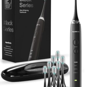 Cepillo de dientes AquaSonic Black Series, ultrablanqueador, 8 cabezales de cepillo DuPont y funda de viaje incluidos, motor ultrasónico de 40.000 VPM y carga inalámbrica, 4 modos con temporizador inteligente, cepillo de dientes eléctrico moderno