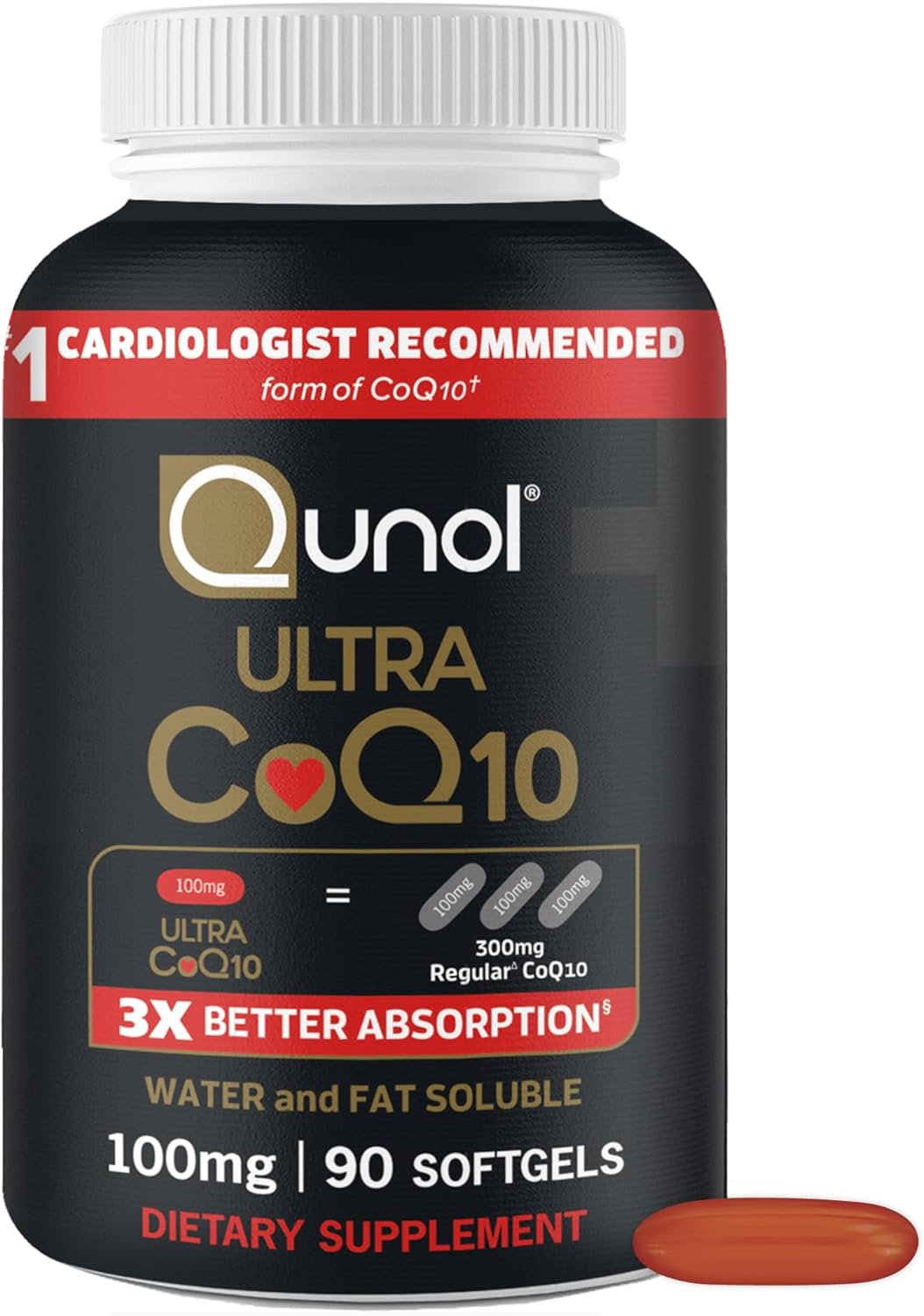 Qunol Ultra CoQ10 de 100 mg, cápsulas de gel - 3 veces mejor absorción, antioxidante para la salud del corazón y producción de energía, vitaminas y suplementos de coenzima Q10, suministro de 3 meses