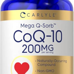 Carlyle CoQ10 200mg | 200 Cápsulas | Mega Q-Sorb Coenzima Q-10 | Vegetariano, sin OMG, suplemento sin gluten