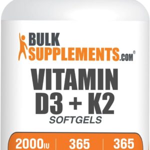 BulkSupplements. Com Vitamina D3 + Vitamina K2 Cápsulas blandas - D3, K2, suplemento vitamínico - Sin gluten, 1 cápsula blanda por porción (2000 UI), 365 unidades (paquete de 1)