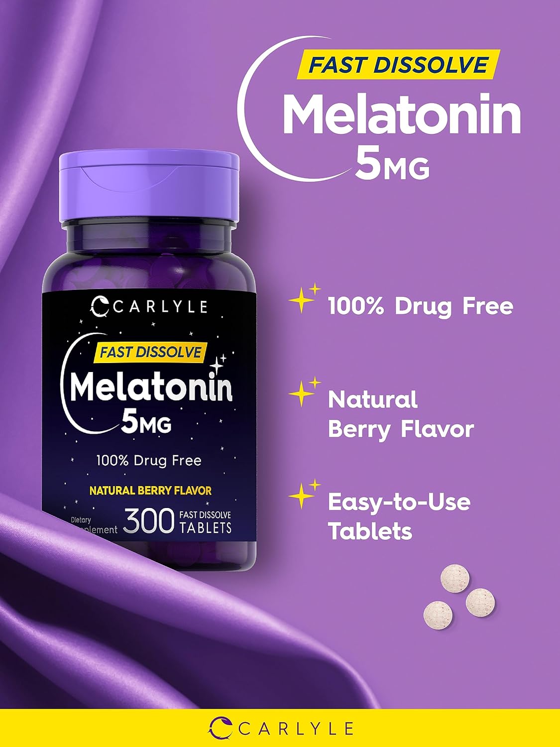 Carlyle Melatonina 5 mg de disolución rápida 300 tabletas | Sabor a bayas | Suplemento vegetariano, sin OMG - Imagen 3