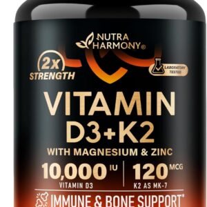 NUTRAHARMONY Vitamina D3 10000 UI + K2 MK-7 120 mcg con Magnesio, Zinc, Vitamina C y B12
