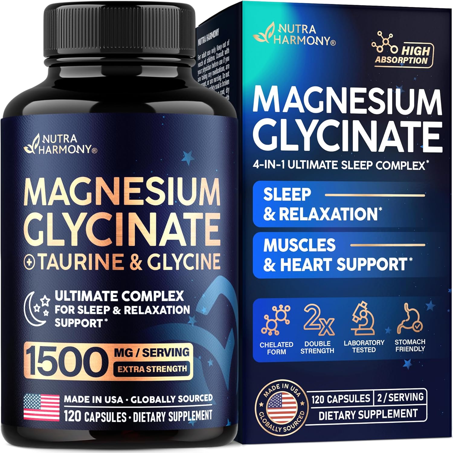 NutraHarmony Glicinato de Magnesio 1500 mg con glicina y taurina – 120 cápsulas