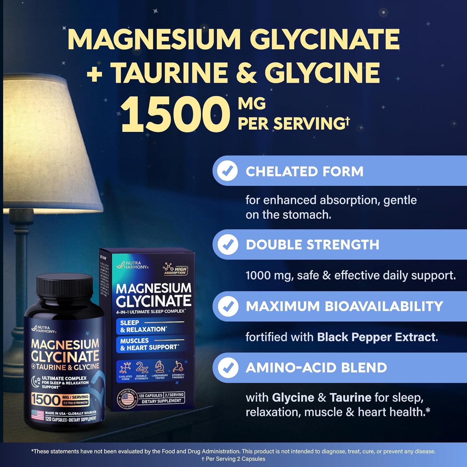 NutraHarmony Glicinato de Magnesio 1500 mg con glicina y taurina – 120 cápsulas - Imagen 3