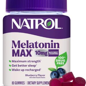 Melatonina de 10 mg Natrol Suplemento  para ayudar al sueño, 80 gomitas de melatonina Max, sabor a arándanos