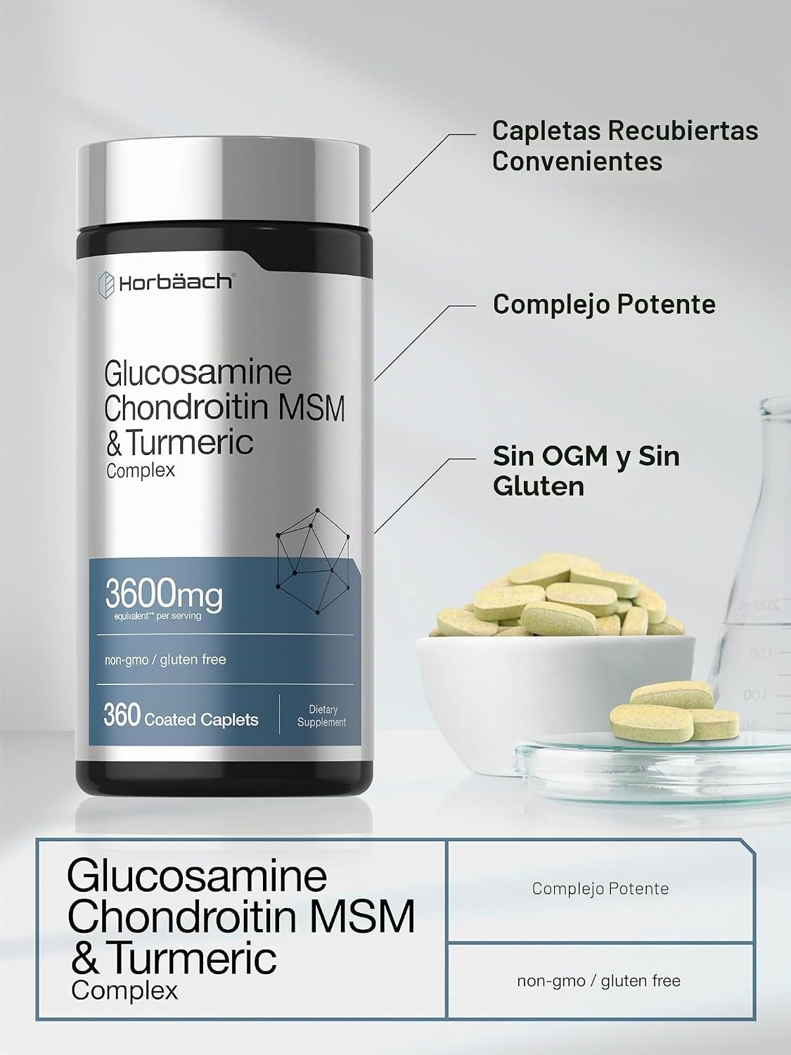 Horbäach Glucosamina condroitina MSM | 3600 mg | 360 comprimidos | Fórmula avanzada con cúrcuma | Sin OMG, sin gluten - Imagen 4