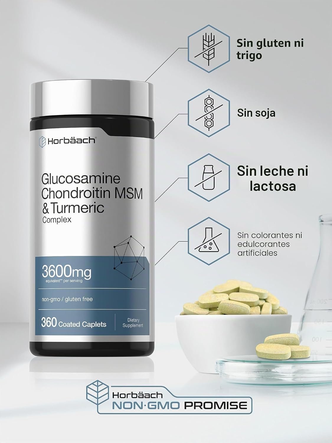 Horbäach Glucosamina condroitina MSM | 3600 mg | 360 comprimidos | Fórmula avanzada con cúrcuma | Sin OMG, sin gluten - Imagen 5
