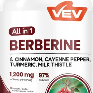 VEV Suplemento de berberina con canela de Ceilán, pimienta de cayena, cúrcuma, cardo mariano, vegano y sin OMG, 120 cápsulas