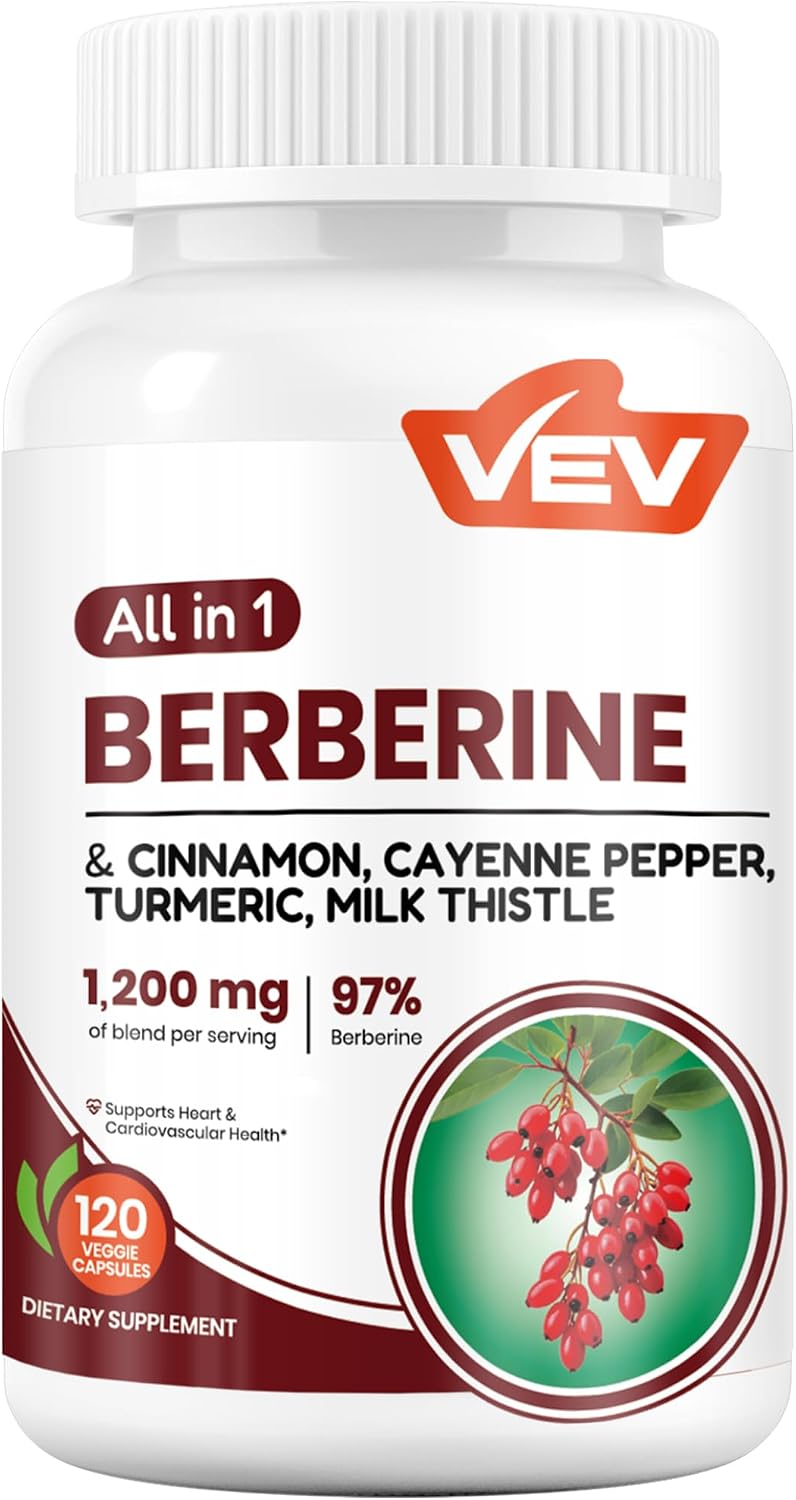 VEV Suplemento de berberina con canela de Ceilán, pimienta de cayena, cúrcuma, cardo mariano, vegano y sin OMG, 120 cápsulas