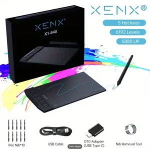 Tableta Gráfica XENX X!-640, Tablero de Dibujo Digital con 8192 Niveles, Lápiz Óptico Sin Batería