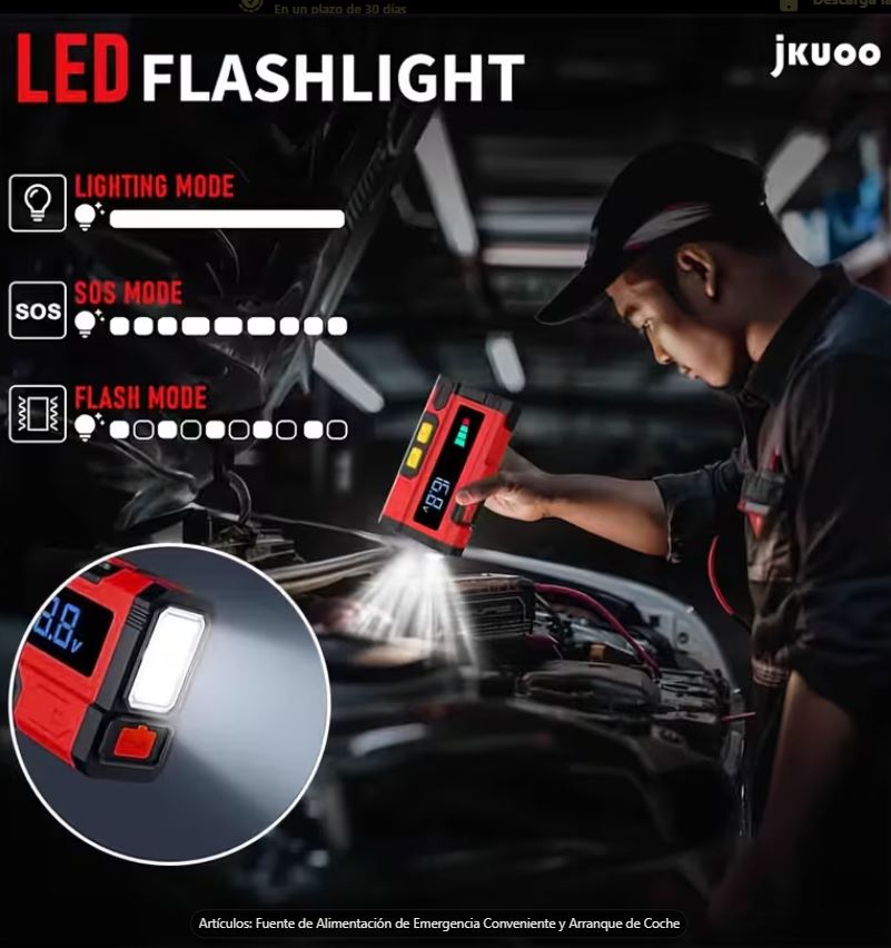 JKUOO Arrancador de Batería de Emergencia 6000A Multifuncional 10 en 1 para Auto SUV Bote - Imagen 3