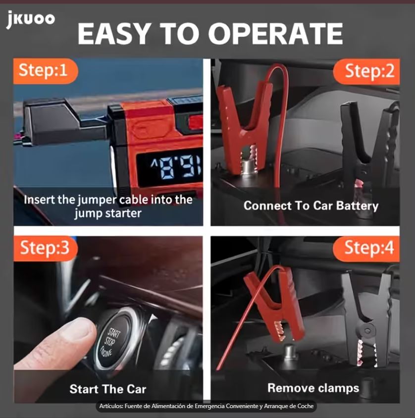 JKUOO Arrancador de Batería de Emergencia 6000A Multifuncional 10 en 1 para Auto SUV Bote - Imagen 8
