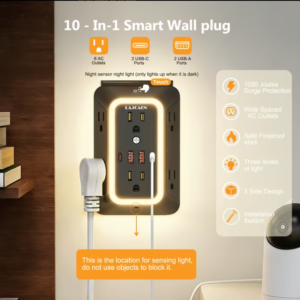 LAJCAEN Regleta de Pared 10 en 1 con Luz Nocturna | 6 Tomas + 4 Puertos USB-C/USB-A