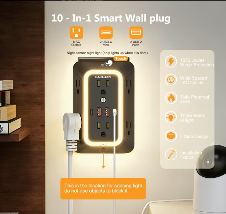 LAJCAEN Regleta de Pared 10 en 1 con Luz Nocturna | 6 Tomas + 4 Puertos USB-C/USB-A