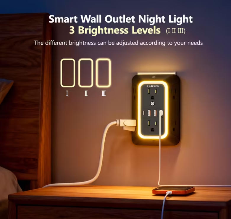 LAJCAEN Regleta de Pared 10 en 1 con Luz Nocturna | 6 Tomas + 4 Puertos USB-C/USB-A - Imagen 2