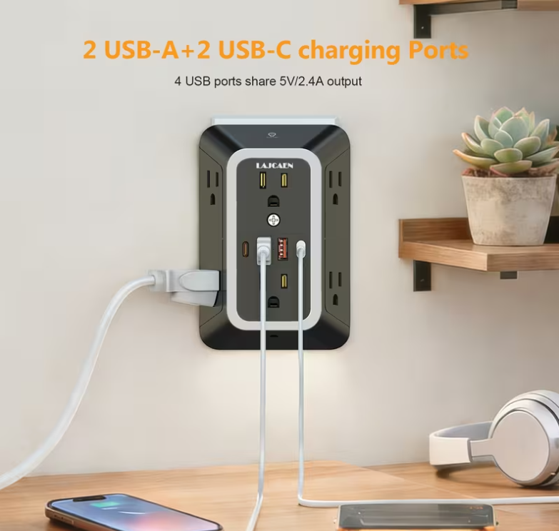 LAJCAEN Regleta de Pared 10 en 1 con Luz Nocturna | 6 Tomas + 4 Puertos USB-C/USB-A - Imagen 3