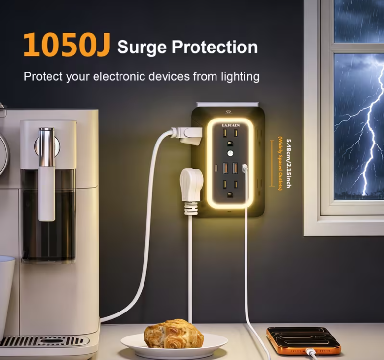 LAJCAEN Regleta de Pared 10 en 1 con Luz Nocturna | 6 Tomas + 4 Puertos USB-C/USB-A - Imagen 4