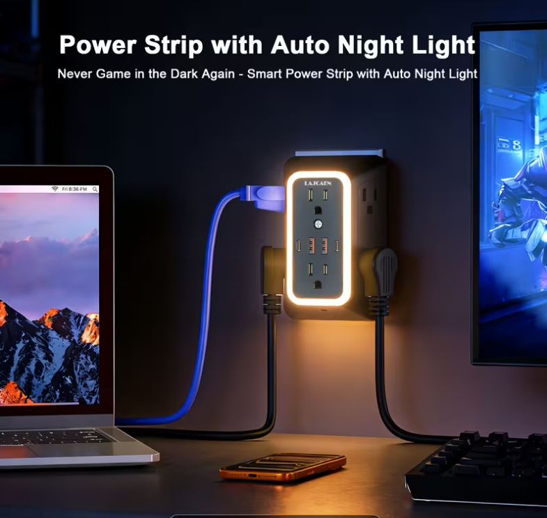 LAJCAEN Regleta de Pared 10 en 1 con Luz Nocturna | 6 Tomas + 4 Puertos USB-C/USB-A - Imagen 5