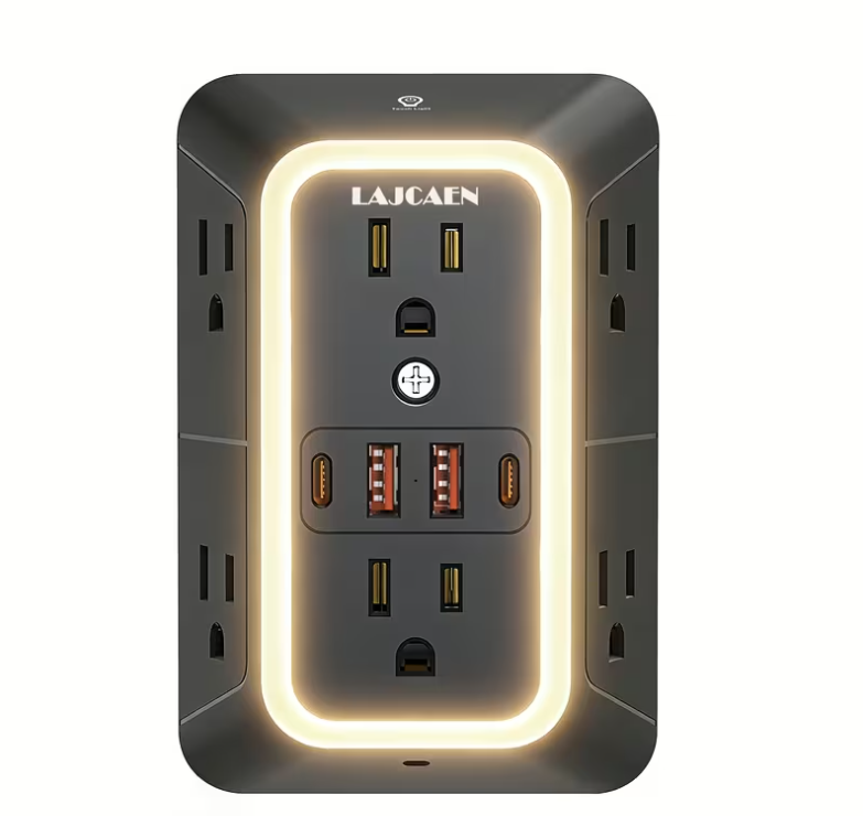 LAJCAEN Regleta de Pared 10 en 1 con Luz Nocturna | 6 Tomas + 4 Puertos USB-C/USB-A - Imagen 6