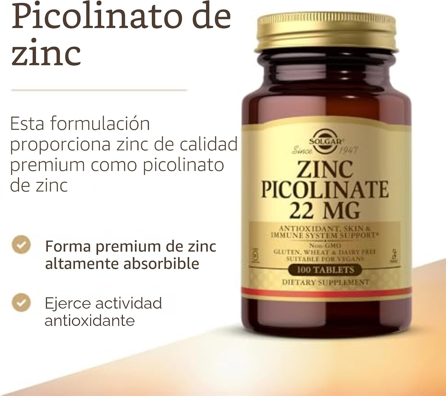 Solgar Picolinato de zinc de 22 mg, 100 tabletas - Imagen 2