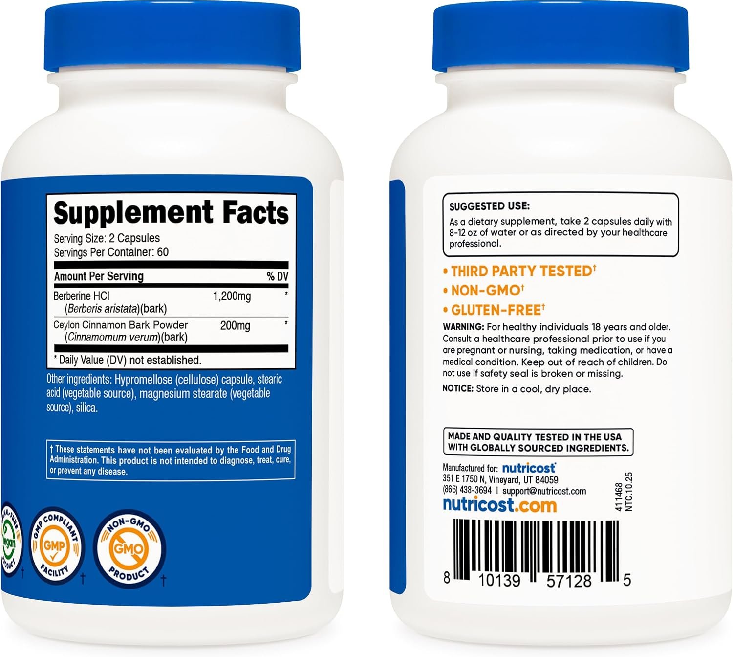 Nutricost Berberine HCl with Ceylon Cinnamon Capsules (120 Capsules) - Imagen 4