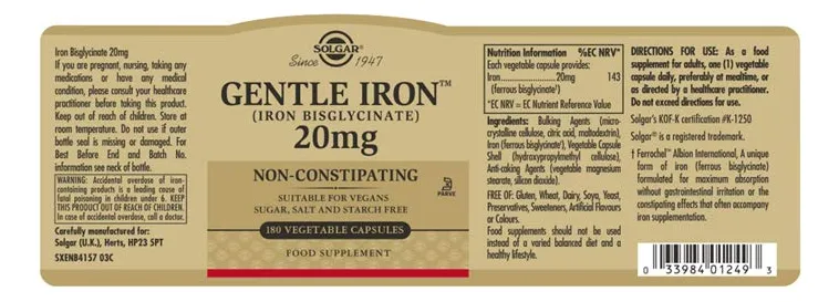 Solgar Gentle Iron 180 Cápsulas Vegetales Sin Sabor - Imagen 2